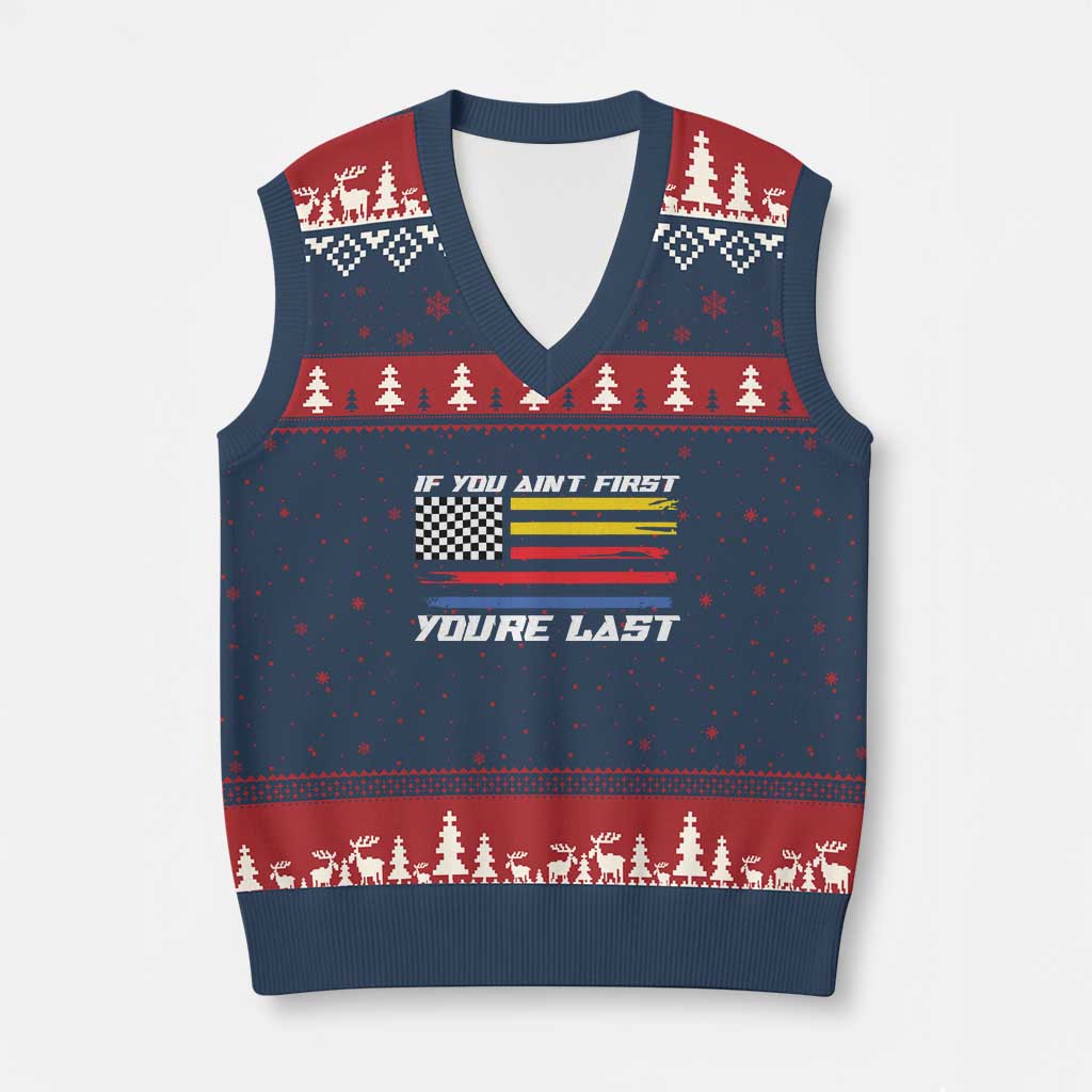 US Flag Car Racing V-Neck Knit Sweater Vest If You Aint First Youre Last Checkered Flag TS10 Navy Red Print Your Wear