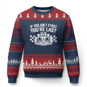 Car Racing Ugly Christmas Sweater If You Aint First Youre Last Checkered Flag TS10 Navy Red Print Your Wear