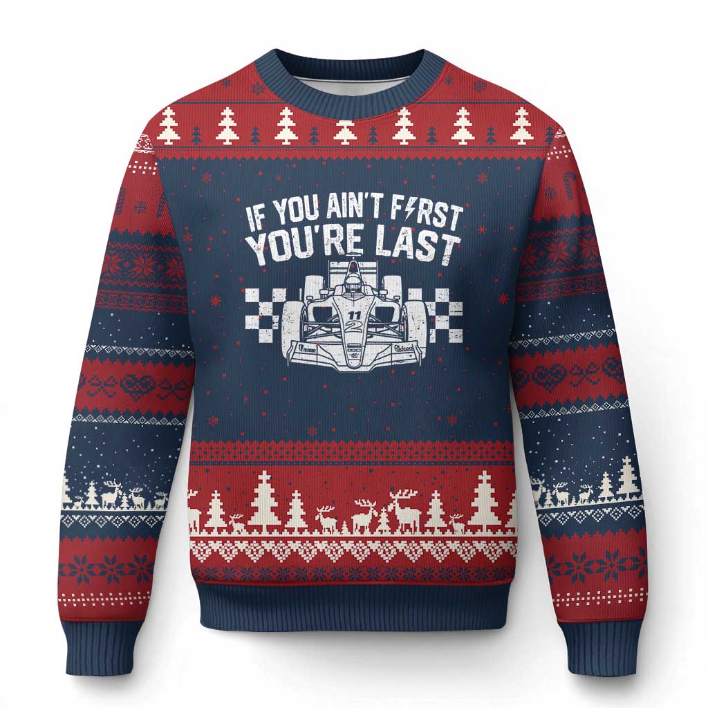 Car Racing Ugly Christmas Sweater If You Aint First Youre Last Checkered Flag TS10 Navy Red Print Your Wear