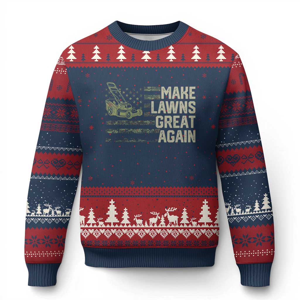 Funny Lawn Mower Dad Gardener Ugly Christmas Sweater Make Lawns Great Again Fathers Day American Flag TS10 Navy Red Print Your Wear
