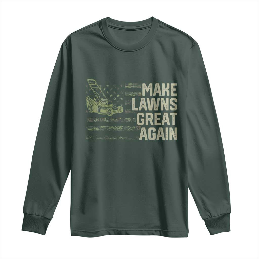 Funny Lawn Mower Dad Gardener Long Sleeve Shirt Make Lawns Great Again Fathers Day American Flag TS10 Dark Forest Green Print Your Wear