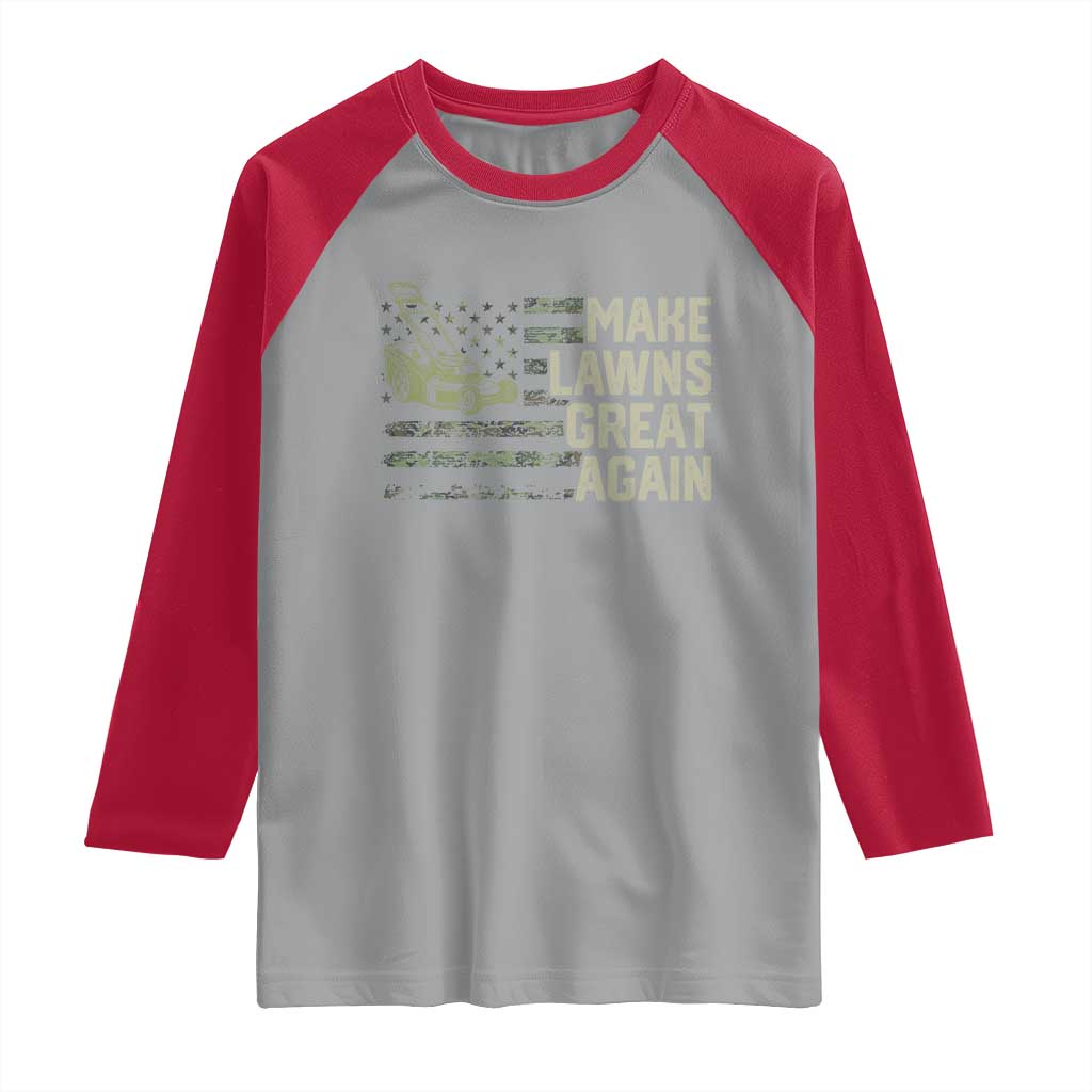 Funny Lawn Mower Dad Gardener Raglan Shirt Make Lawns Great Again Fathers Day American Flag TS10 Sport Gray Red Print Your Wear