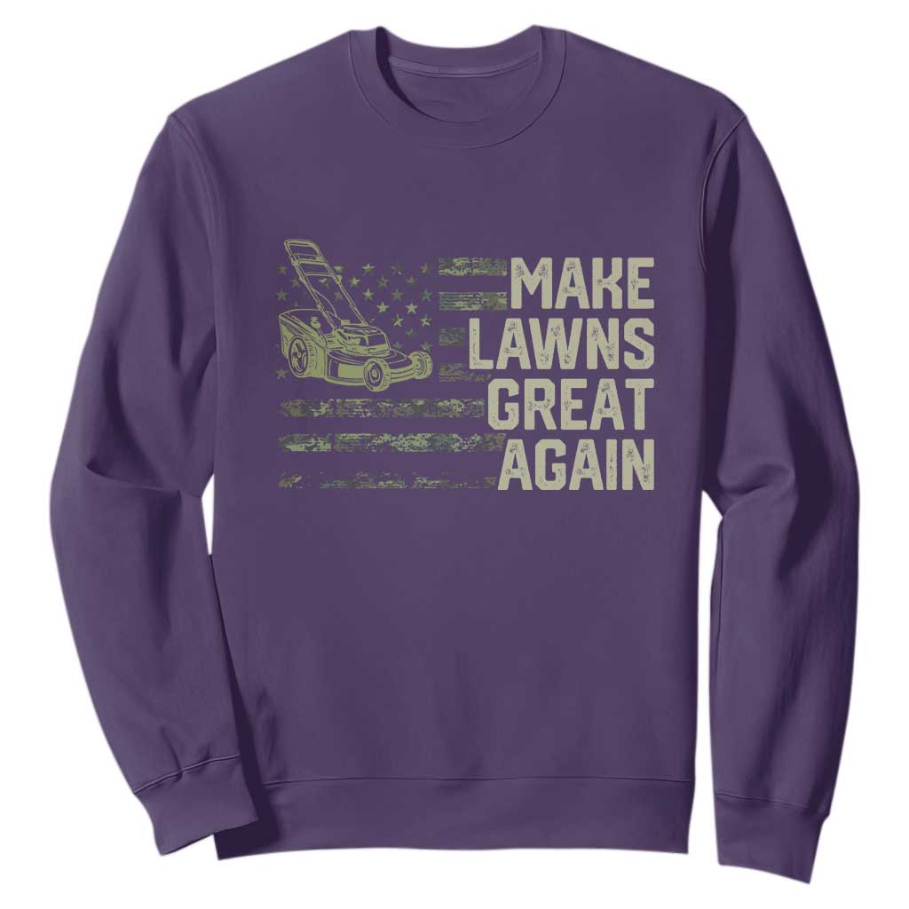 Funny Lawn Mower Dad Gardener Sweatshirt Make Lawns Great Again Fathers Day American Flag TS10 Purple Print Your Wear