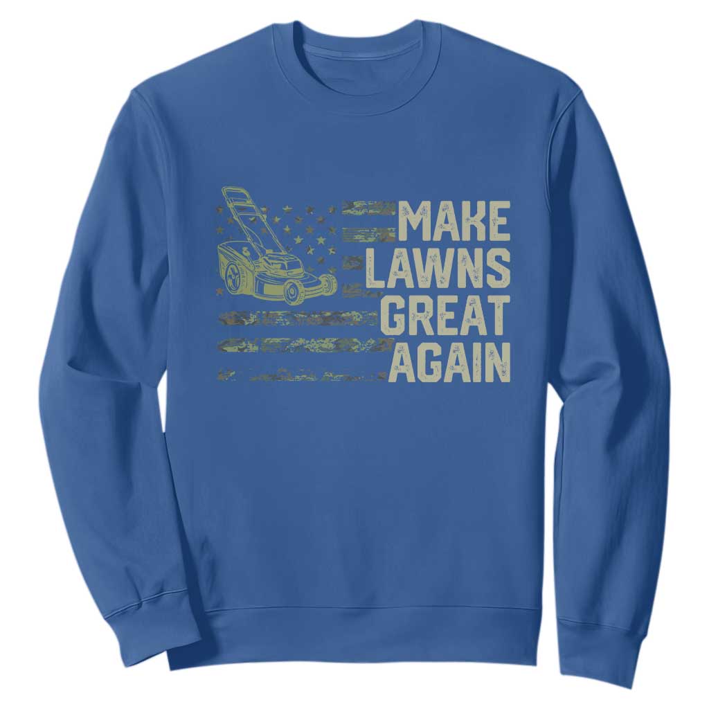 Funny Lawn Mower Dad Gardener Sweatshirt Make Lawns Great Again Fathers Day American Flag TS10 Royal Blue Print Your Wear