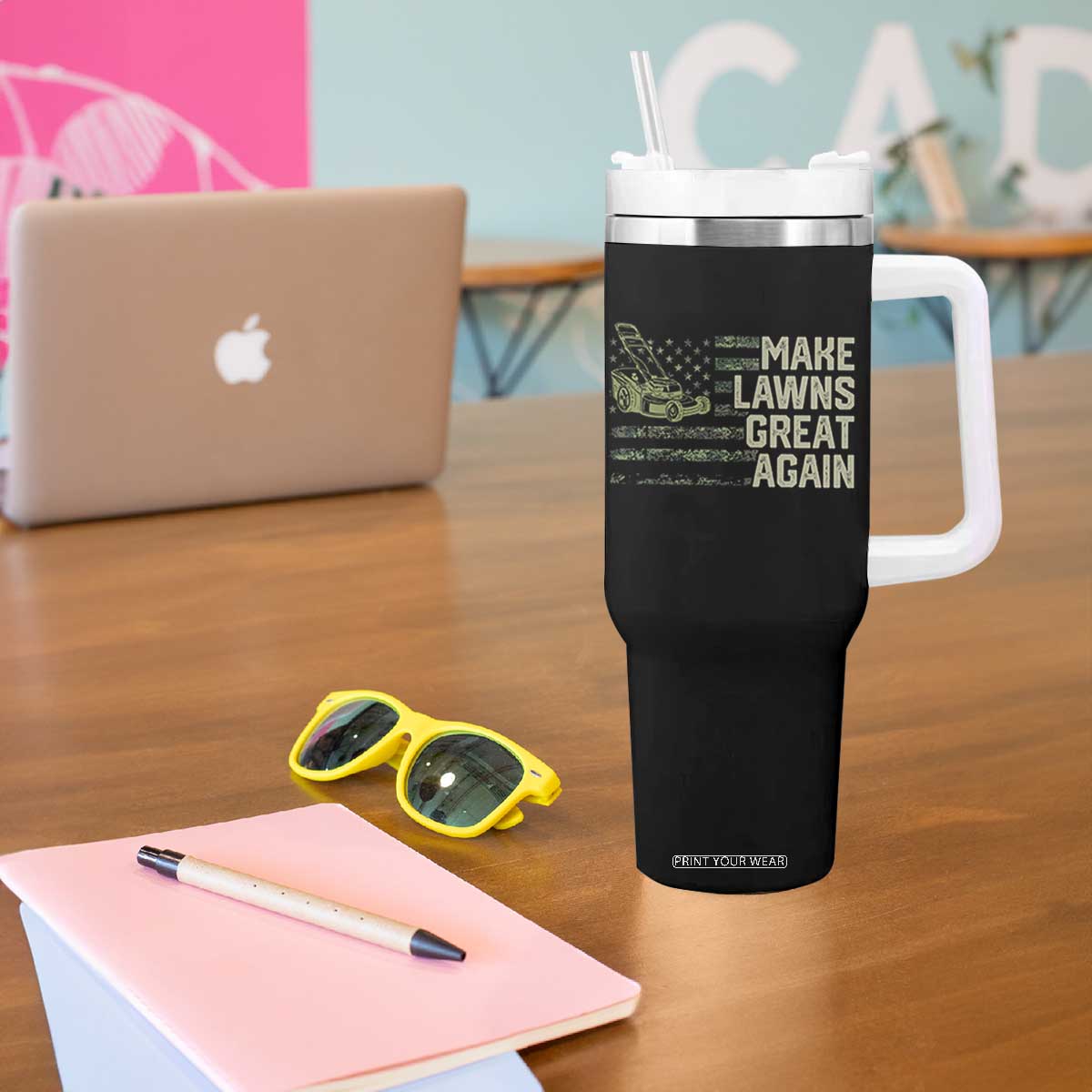 Funny Lawn Mower Dad Gardener Tumbler With Handle Make Lawns Great Again Fathers Day American Flag TS10 Print Your Wear