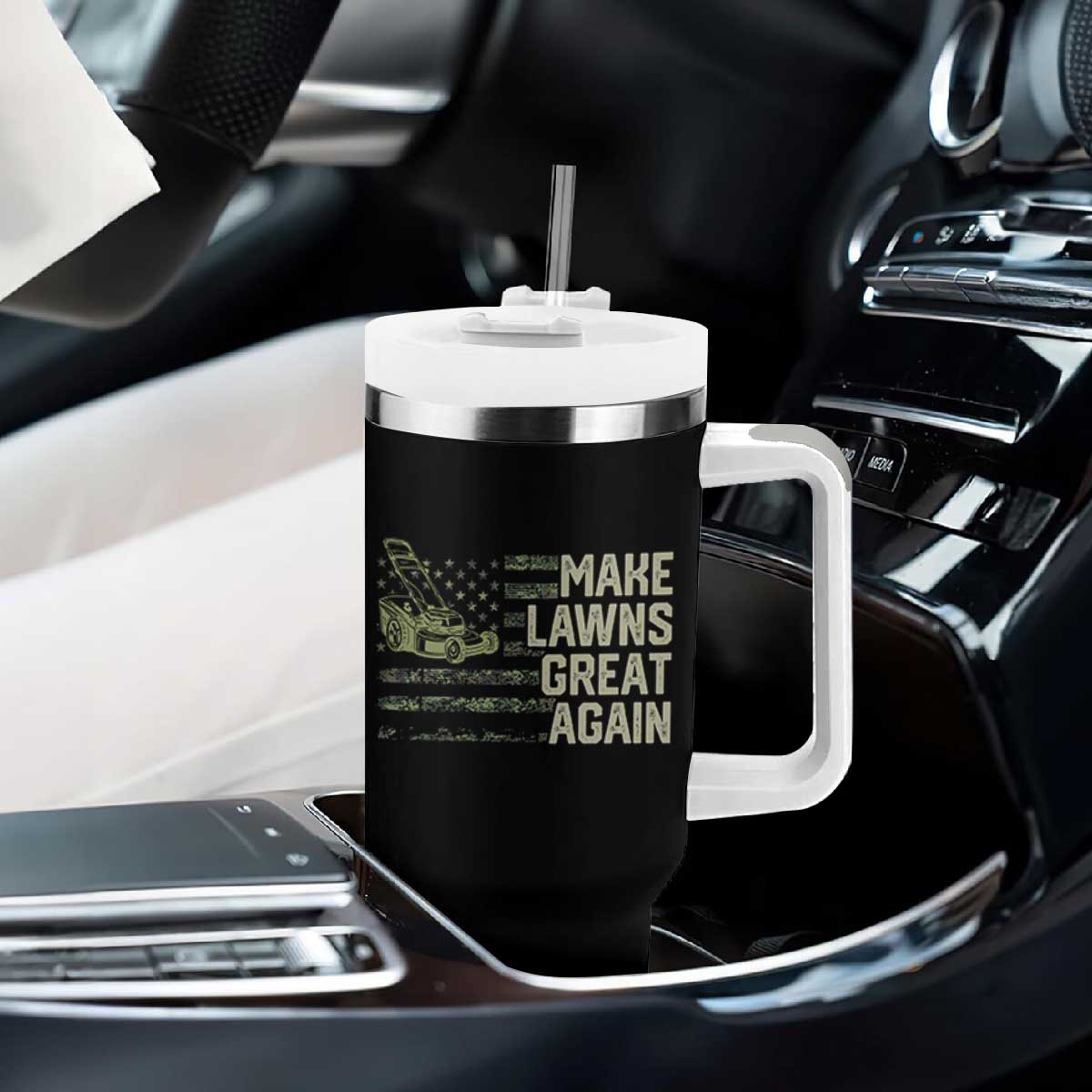 Funny Lawn Mower Dad Gardener Tumbler With Handle Make Lawns Great Again Fathers Day American Flag TS10 Print Your Wear