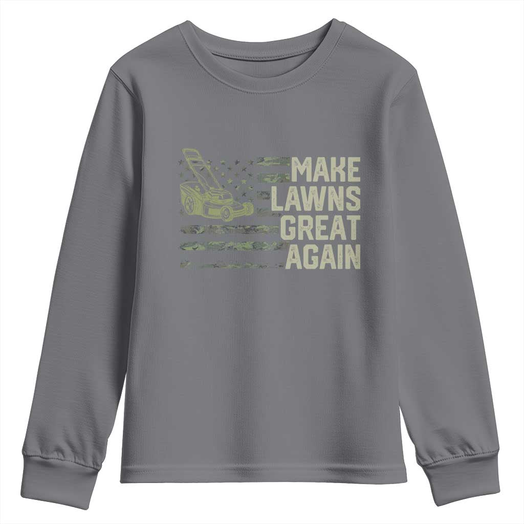 Funny Lawn Mower Dad Gardener Youth Sweatshirt Make Lawns Great Again Fathers Day American Flag TS10 Charcoal Print Your Wear