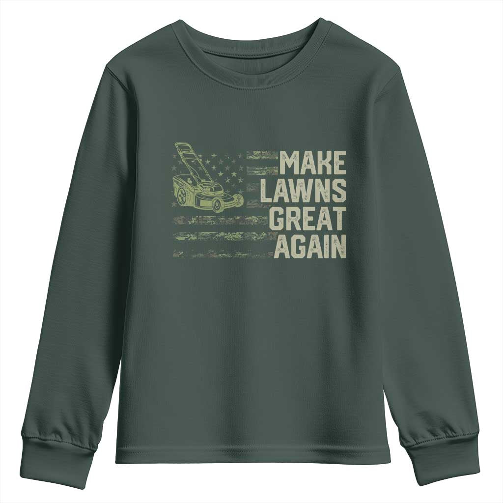 Funny Lawn Mower Dad Gardener Youth Sweatshirt Make Lawns Great Again Fathers Day American Flag TS10 Dark Forest Green Print Your Wear