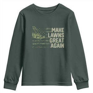 Funny Lawn Mower Dad Gardener Youth Sweatshirt Make Lawns Great Again Fathers Day American Flag TS10 Dark Forest Green Print Your Wear