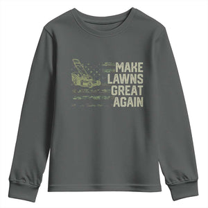 Funny Lawn Mower Dad Gardener Youth Sweatshirt Make Lawns Great Again Fathers Day American Flag TS10 Dark Heather Print Your Wear