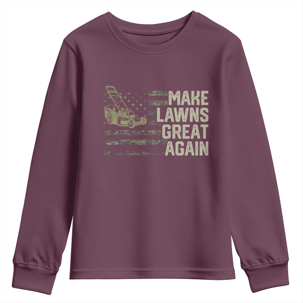Funny Lawn Mower Dad Gardener Youth Sweatshirt Make Lawns Great Again Fathers Day American Flag TS10 Maroon Print Your Wear