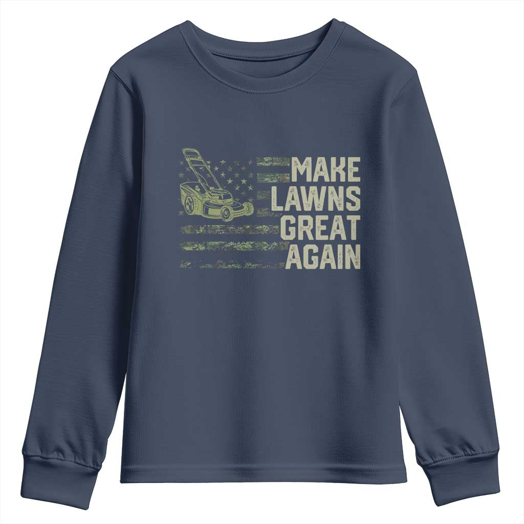 Funny Lawn Mower Dad Gardener Youth Sweatshirt Make Lawns Great Again Fathers Day American Flag TS10 Navy Print Your Wear