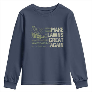 Funny Lawn Mower Dad Gardener Youth Sweatshirt Make Lawns Great Again Fathers Day American Flag TS10 Navy Print Your Wear