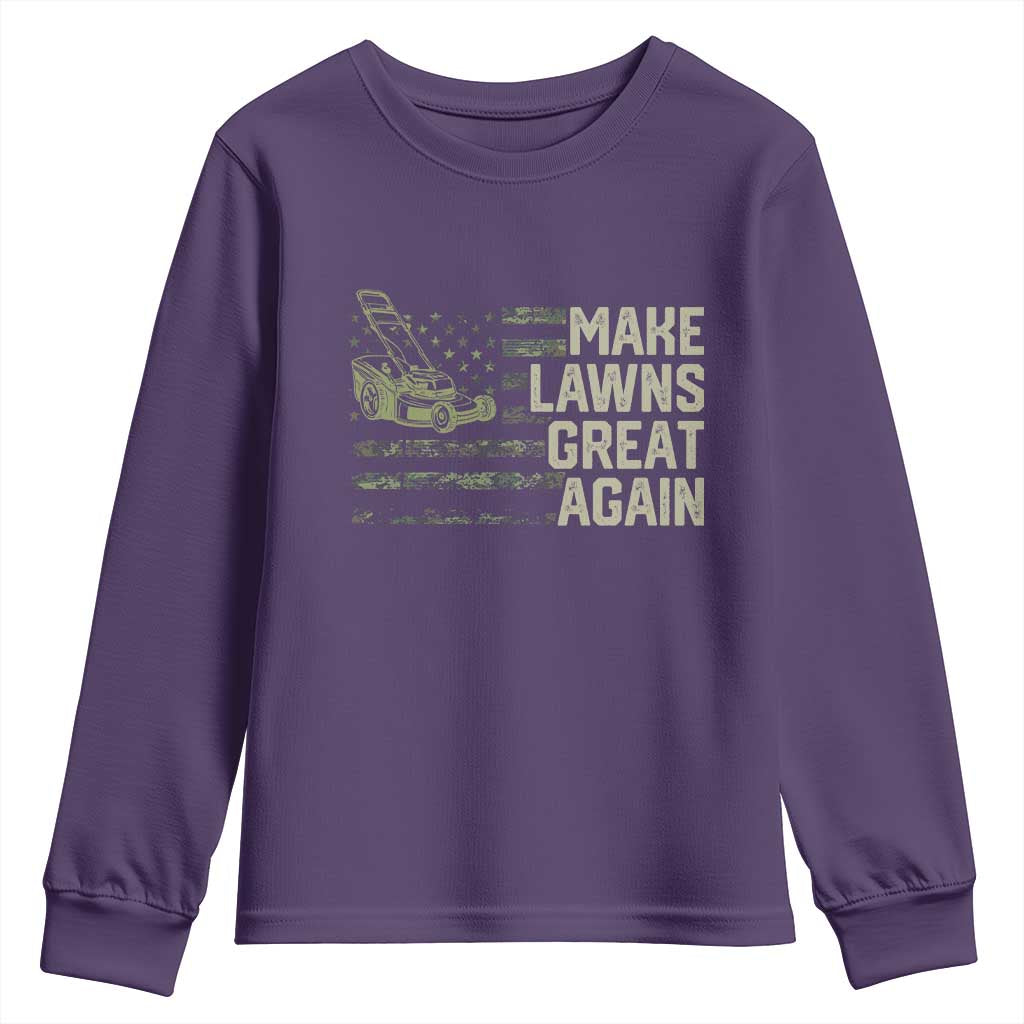 Funny Lawn Mower Dad Gardener Youth Sweatshirt Make Lawns Great Again Fathers Day American Flag TS10 Purple Print Your Wear