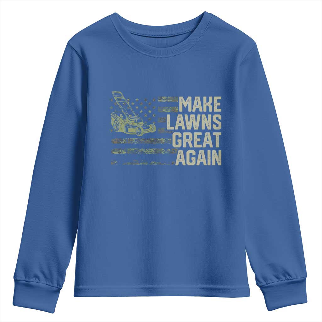 Funny Lawn Mower Dad Gardener Youth Sweatshirt Make Lawns Great Again Fathers Day American Flag TS10 Royal Blue Print Your Wear