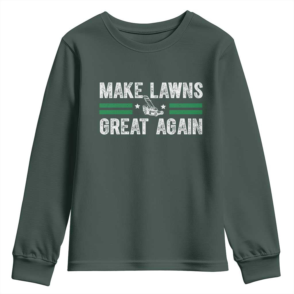 Funny Lawn Mower Dad Gardener Youth Sweatshirt Make Lawns Great Again Fathers Day TS10 Dark Forest Green Print Your Wear