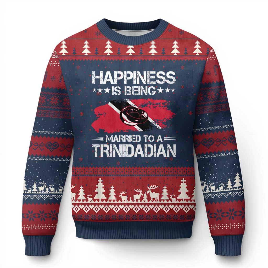 Happiness Is Being Married to a Trinidadian Ugly Christmas Sweater Trinidad & Tobago Flag Couples Gift TS10 Navy Red Print Your Wear