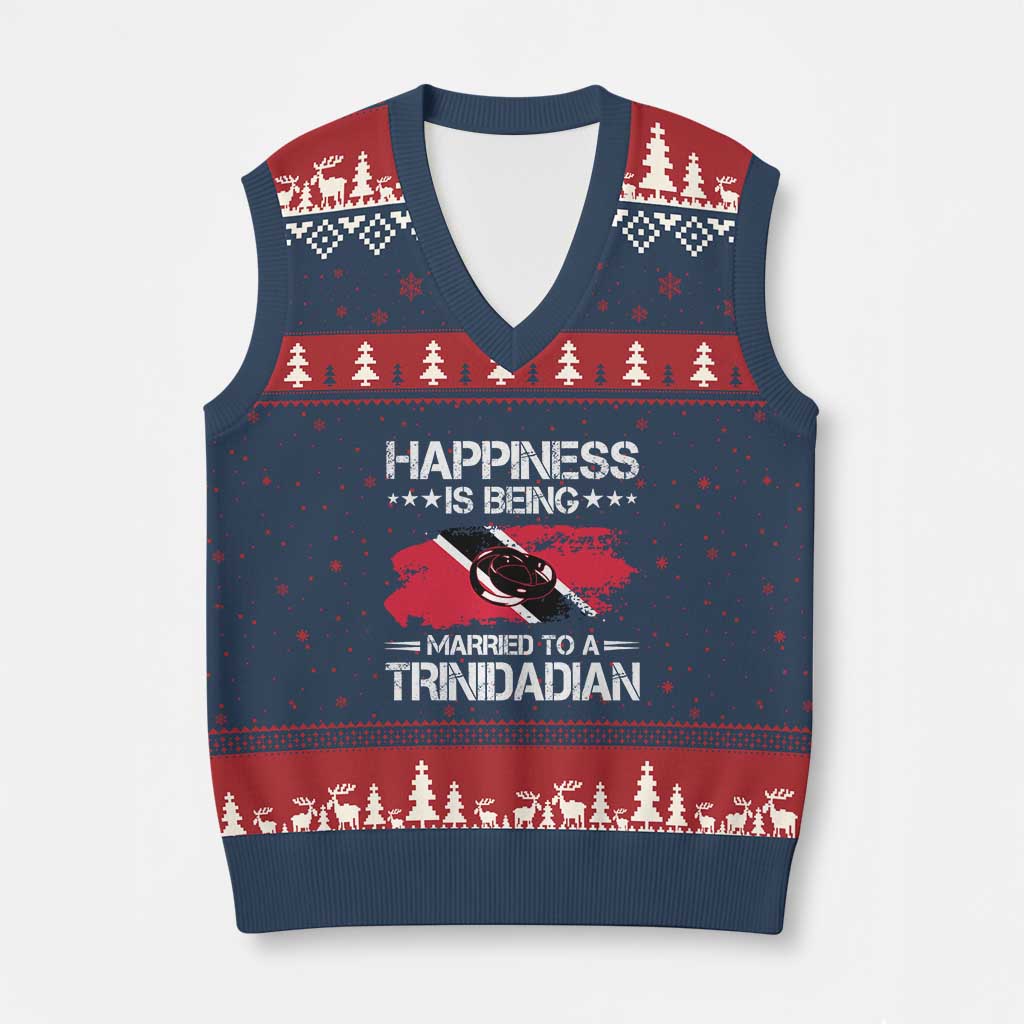 Happiness Is Being Married to a Trinidadian V-Neck Knit Sweater Vest Trinidad & Tobago Flag Couples Gift TS10 Navy Red Print Your Wear