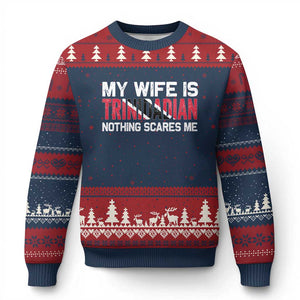 My Wife Is Trinidadian Nothing Scares Me Puerto Rican Ugly Christmas Sweater Funny Trinidad & Tobago Husband Gift TS10 Navy Red Print Your Wear