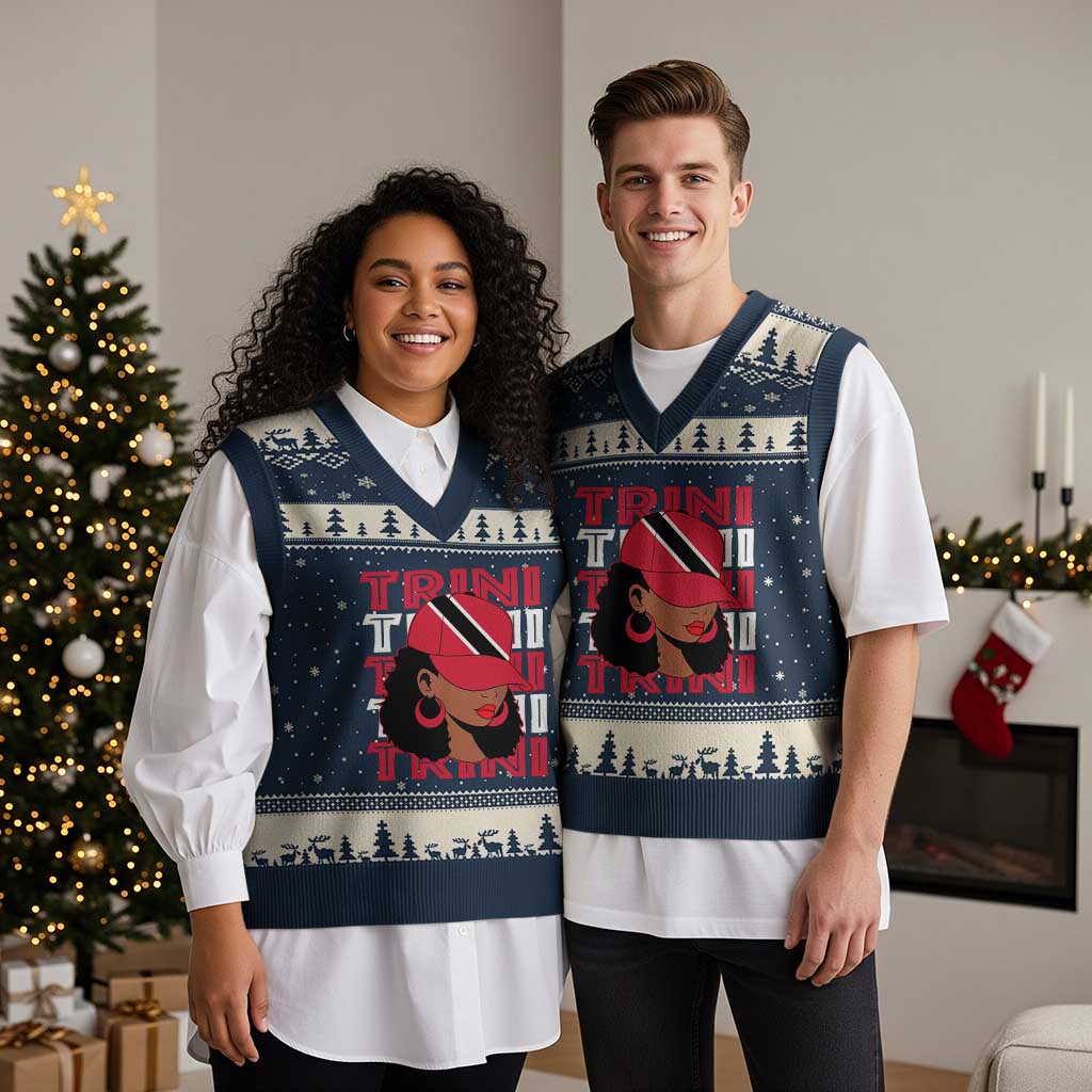 Proud Trini Afro Black Woman V-Neck Knit Sweater Vest Trinidad and Tobago Flag Pride TS10 Navy Beige Print Your Wear