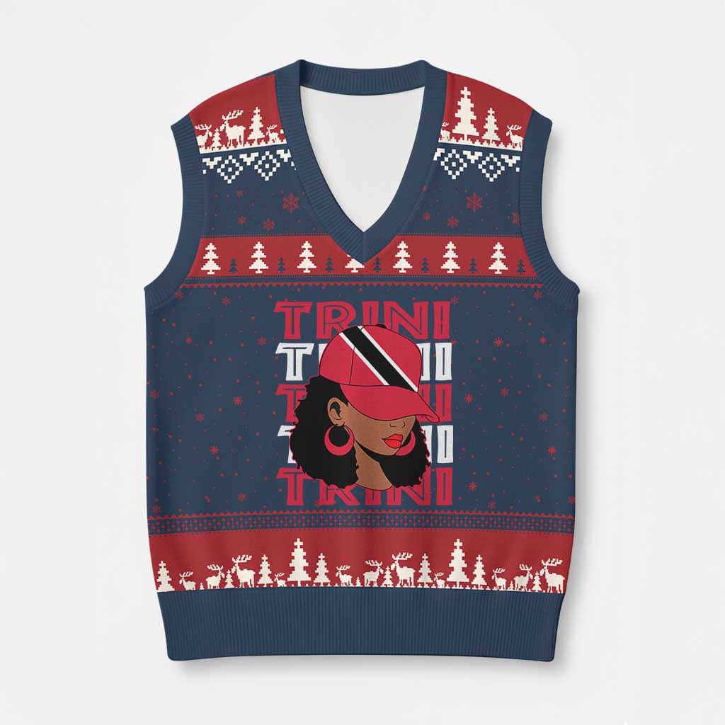 Proud Trini Afro Black Woman V-Neck Knit Sweater Vest Trinidad and Tobago Flag Pride TS10 Navy Red Print Your Wear