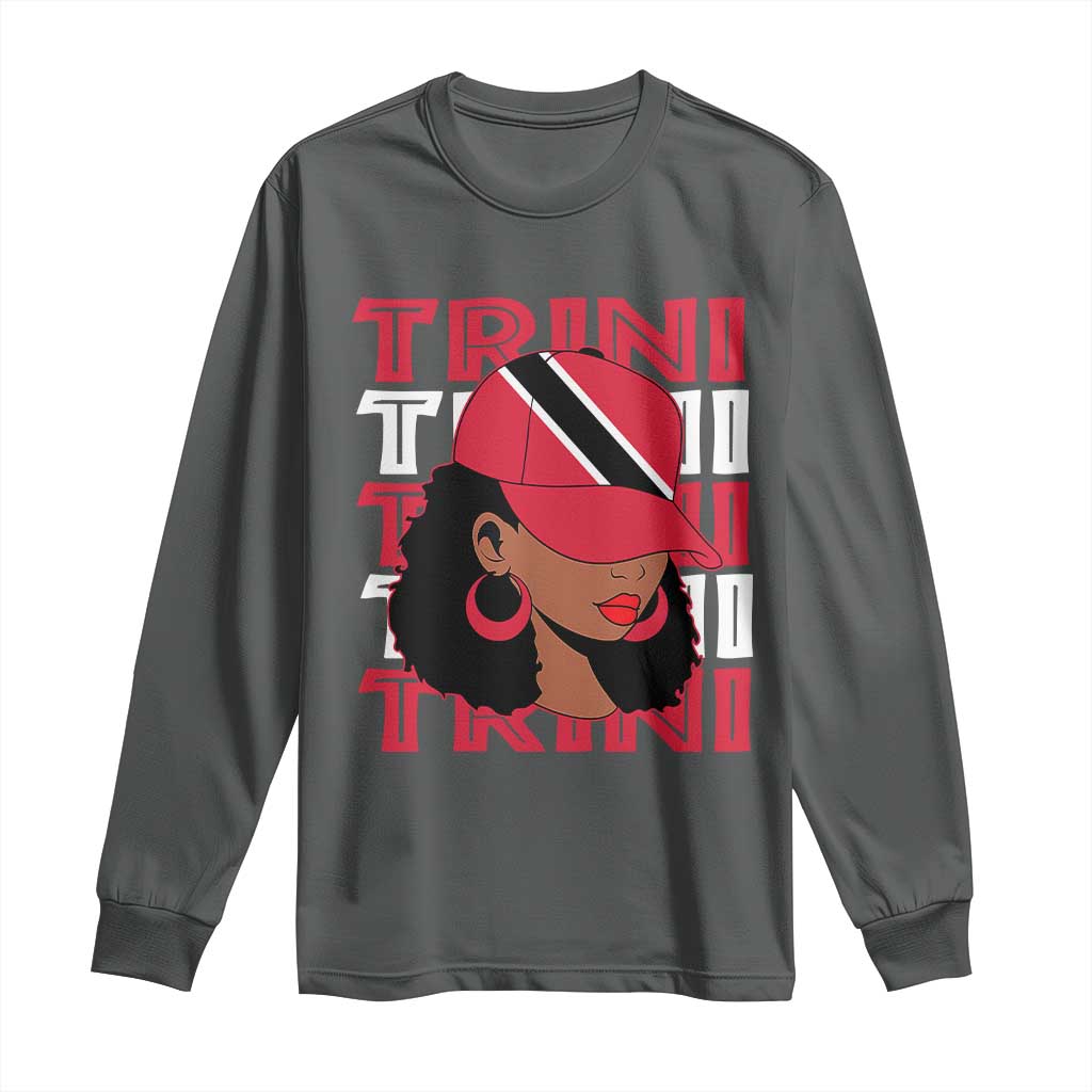 Proud Trini Afro Black Woman Long Sleeve Shirt Trinidad and Tobago Flag Pride TS10 Dark Heather Print Your Wear