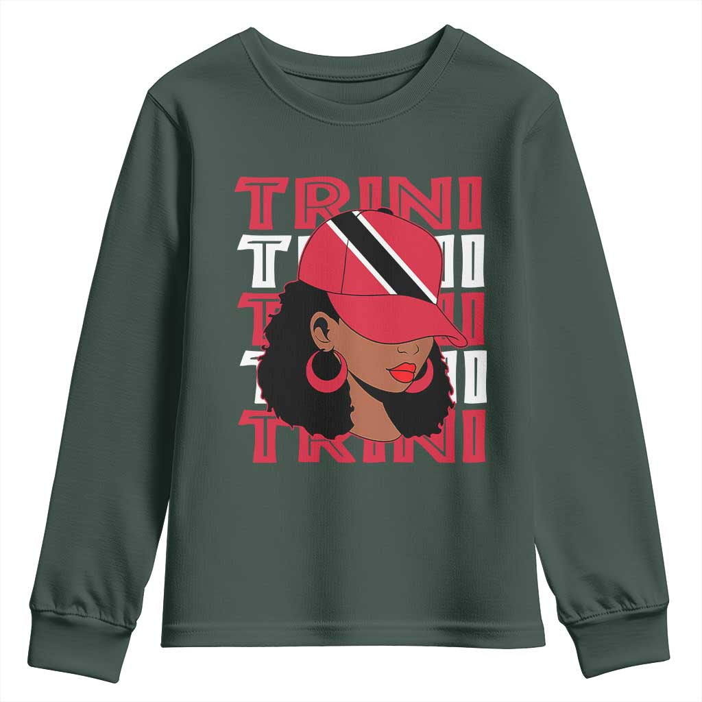 Proud Trini Afro Black Woman Youth Sweatshirt Trinidad and Tobago Flag Pride TS10 Dark Forest Green Print Your Wear