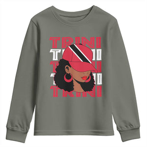 Proud Trini Afro Black Woman Youth Sweatshirt Trinidad and Tobago Flag Pride TS10 Military Green Print Your Wear