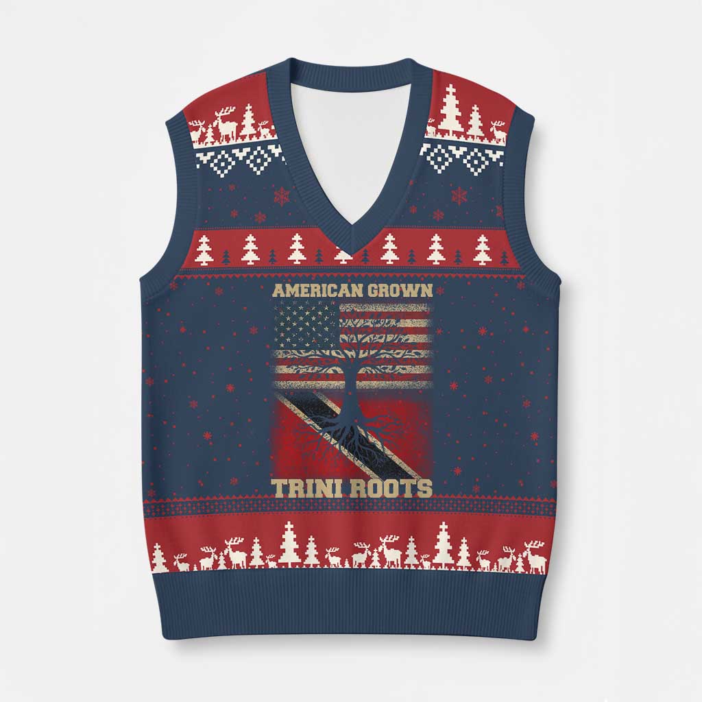 American Grown Trini Roots V-Neck Knit Sweater Vest Trinidad and Tobago USA Flag Trinidadian Proud Us TS10 Navy Red Print Your Wear