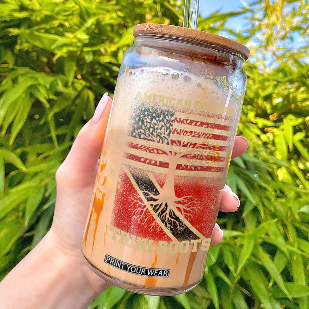 American Grown Trini Roots Glass Can Trinidad and Tobago USA Flag Trinidadian Proud Us TS10 Black Print Your Wear