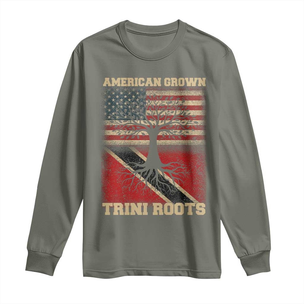 American Grown Trini Roots Long Sleeve Shirt Trinidad and Tobago USA Flag Trinidadian Proud Us TS10 Military Green Print Your Wear