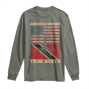 American Grown Trini Roots Long Sleeve Shirt Trinidad and Tobago USA Flag Trinidadian Proud Us TS10 Military Green Print Your Wear