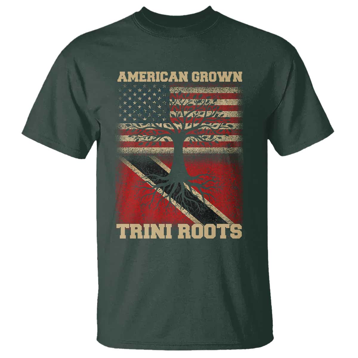 American Grown Trini Roots T Shirt Trinidad and Tobago USA Flag Trinidadian Proud Us TS10 Dark Forest Green Print Your Wear