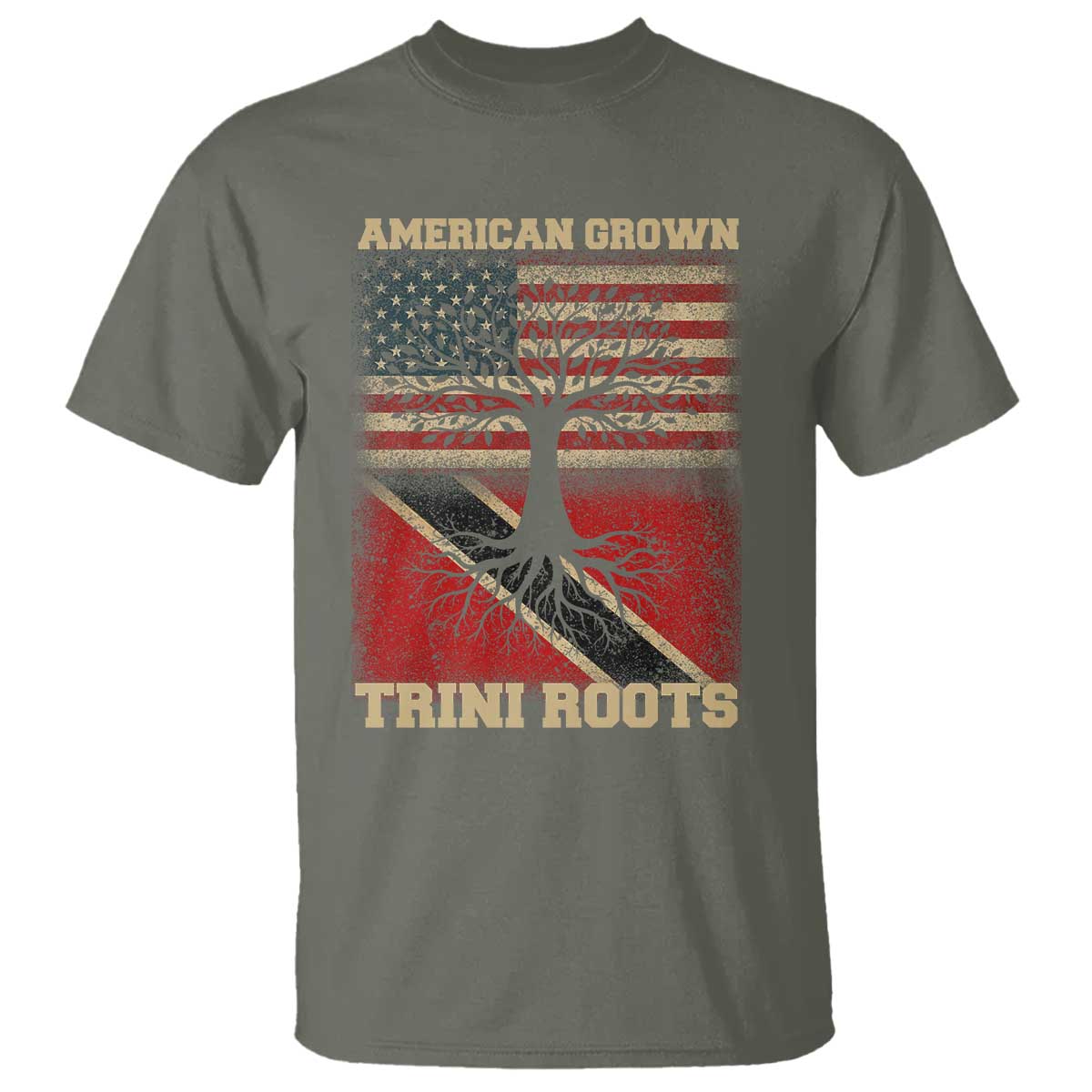 American Grown Trini Roots T Shirt Trinidad and Tobago USA Flag Trinidadian Proud Us TS10 Military Green Print Your Wear