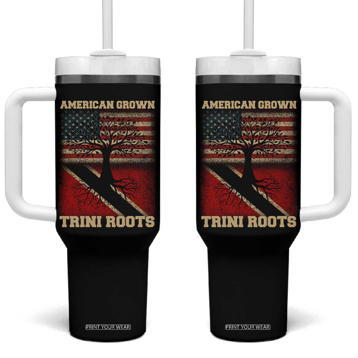 American Grown Trini Roots Tumbler With Handle Trinidad and Tobago USA Flag Trinidadian Proud Us TS10 One Size: 40 oz Black Print Your Wear