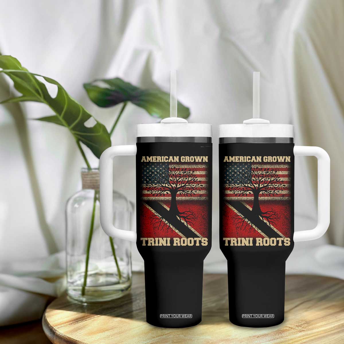 American Grown Trini Roots Tumbler With Handle Trinidad and Tobago USA Flag Trinidadian Proud Us TS10 Print Your Wear