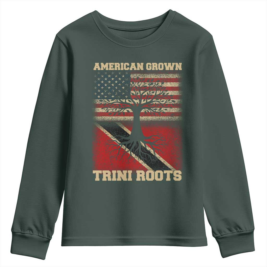 American Grown Trini Roots Youth Sweatshirt Trinidad and Tobago USA Flag Trinidadian Proud Us TS10 Dark Forest Green Print Your Wear