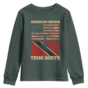 American Grown Trini Roots Youth Sweatshirt Trinidad and Tobago USA Flag Trinidadian Proud Us TS10 Dark Forest Green Print Your Wear