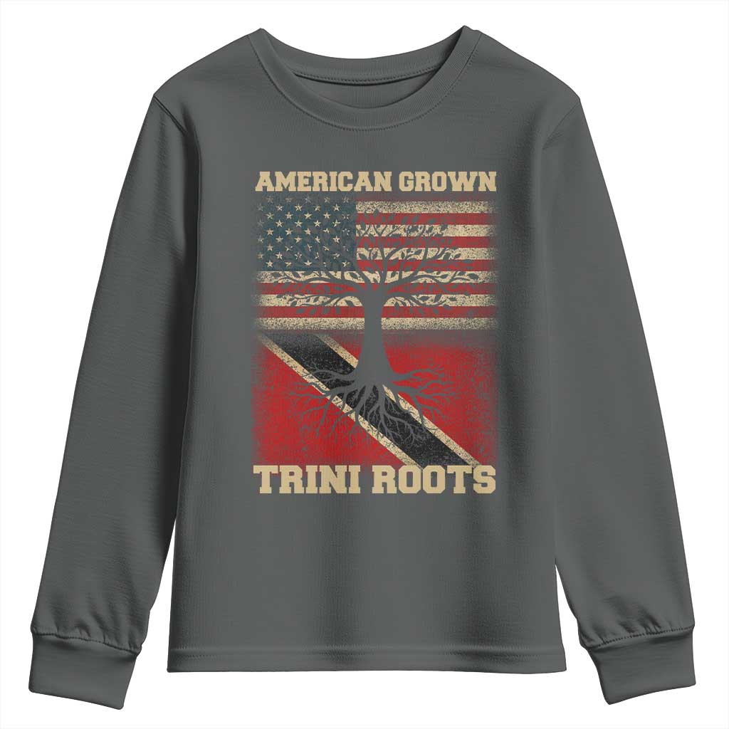 American Grown Trini Roots Youth Sweatshirt Trinidad and Tobago USA Flag Trinidadian Proud Us TS10 Dark Heather Print Your Wear