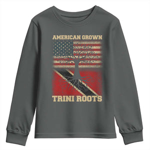 American Grown Trini Roots Youth Sweatshirt Trinidad and Tobago USA Flag Trinidadian Proud Us TS10 Dark Heather Print Your Wear