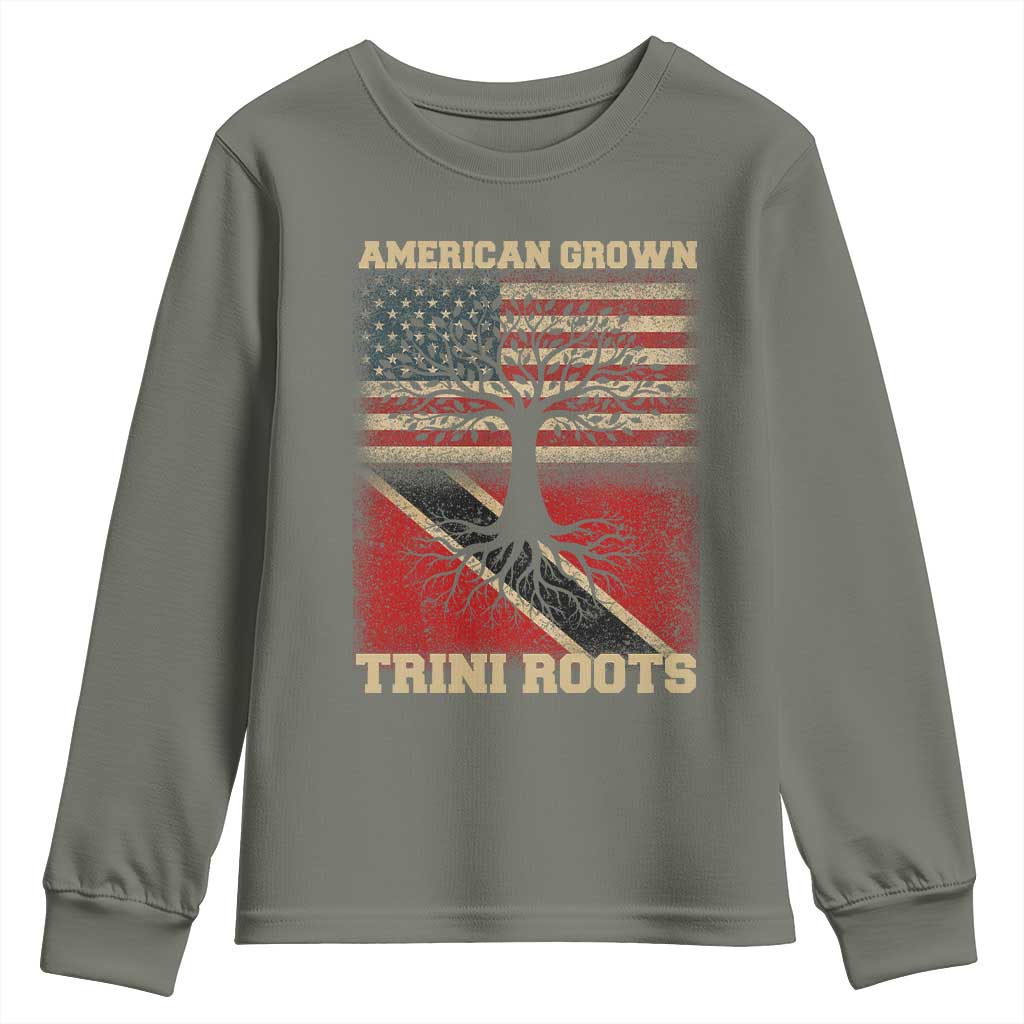 American Grown Trini Roots Youth Sweatshirt Trinidad and Tobago USA Flag Trinidadian Proud Us TS10 Military Green Print Your Wear