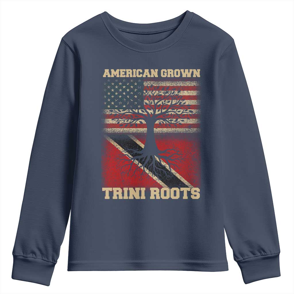American Grown Trini Roots Youth Sweatshirt Trinidad and Tobago USA Flag Trinidadian Proud Us TS10 Navy Print Your Wear