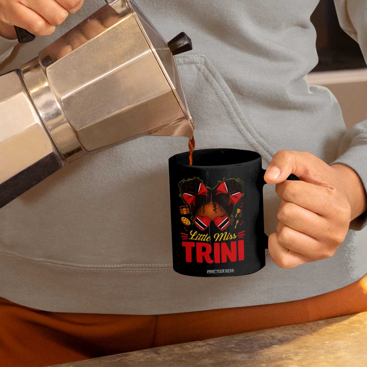 Little Miss Trinidad And Tobago Coffee Mug Afro Black Messy Bun Girl Trini Flag Bow TS10 Print Your Wear