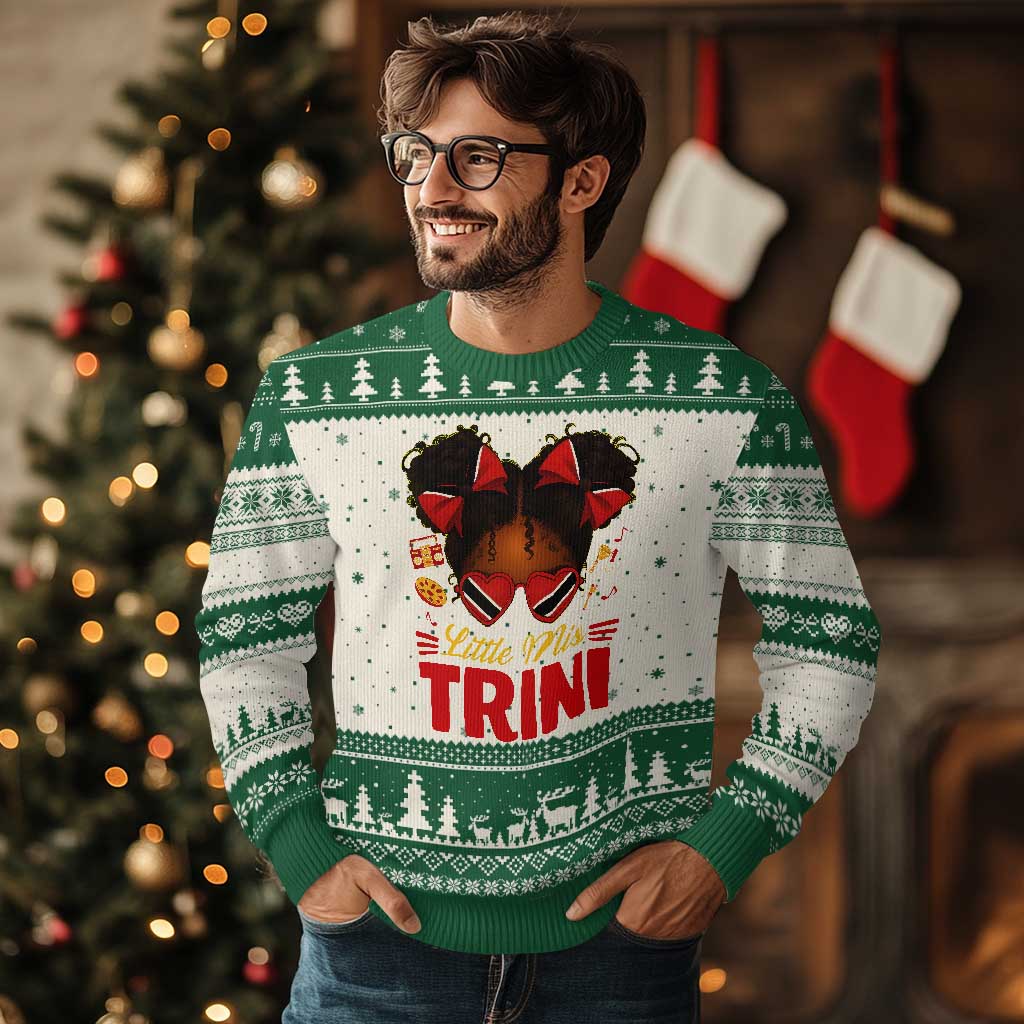 Little Miss Trinidad And Tobago Ugly Christmas Sweater Afro Black Messy Bun Girl Trini Flag Bow TS10 Beige Green Print Your Wear