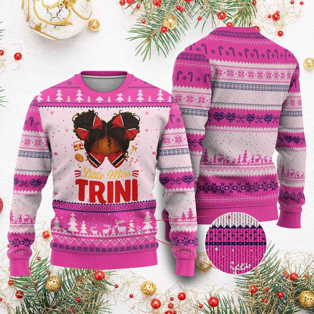 Little Miss Trinidad And Tobago Ugly Christmas Sweater Afro Black Messy Bun Girl Trini Flag Bow TS10 Hot Pink Print Your Wear