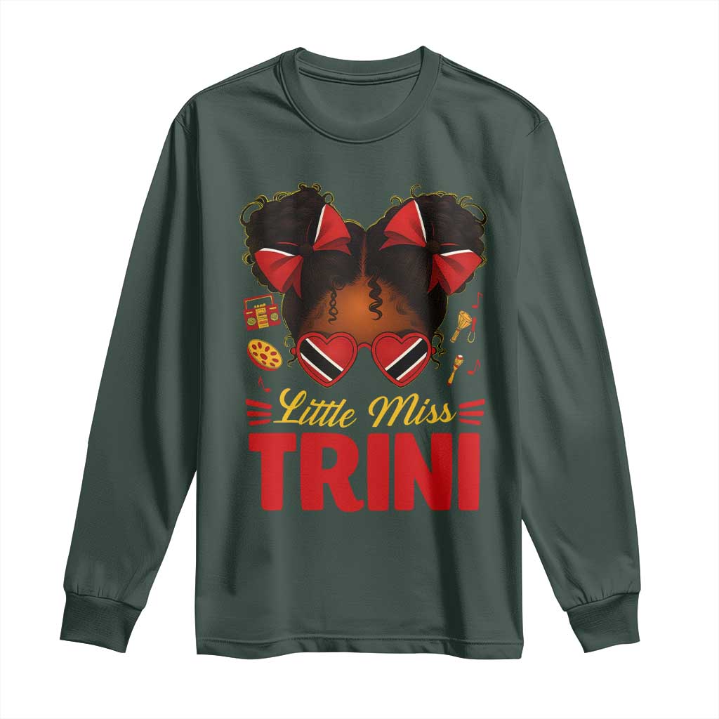 Little Miss Trinidad And Tobago Long Sleeve Shirt Afro Black Messy Bun Girl Trini Flag Bow TS10 Dark Forest Green Print Your Wear