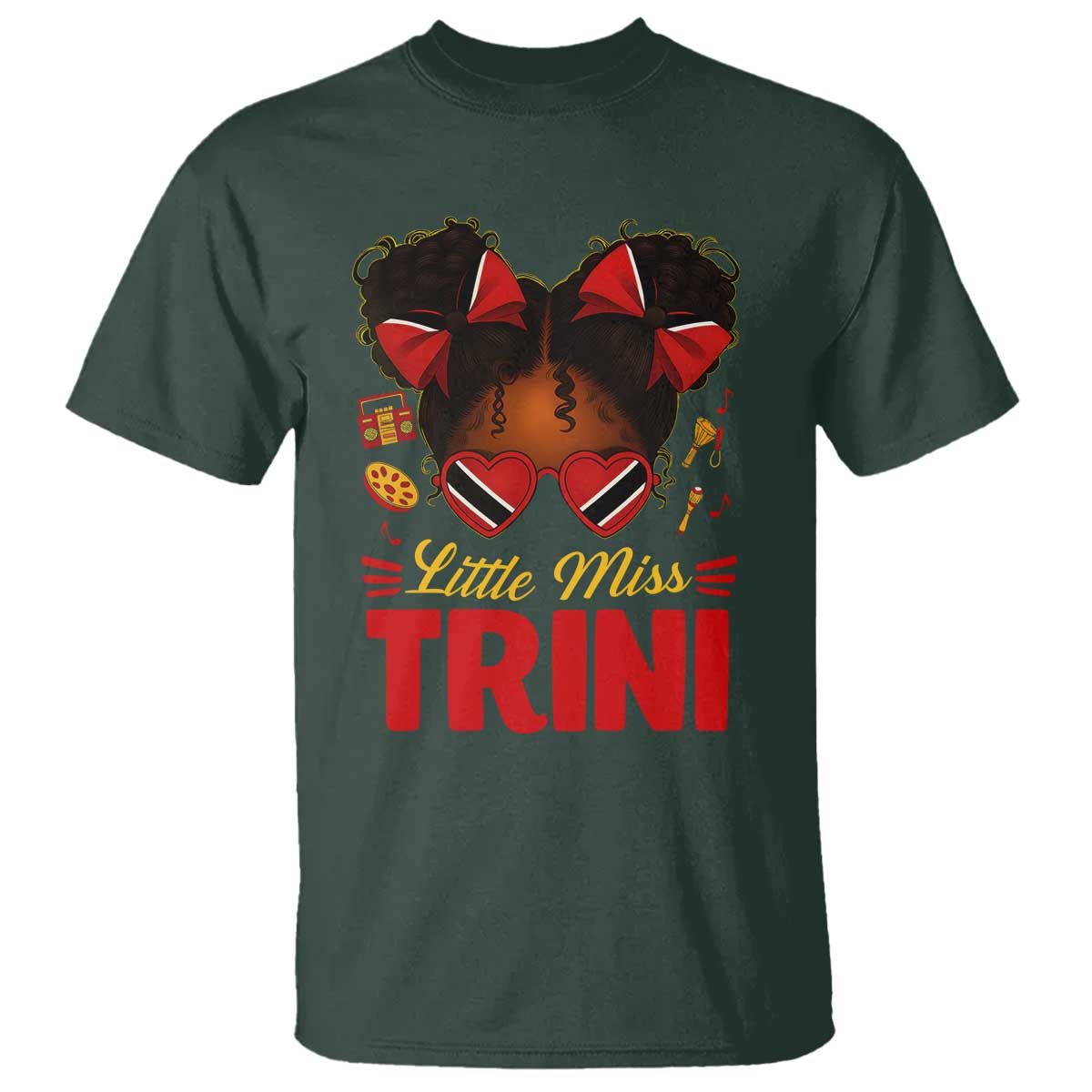 Little Miss Trinidad And Tobago T Shirt Afro Black Messy Bun Girl Trini Flag Bow TS10 Dark Forest Green Print Your Wear