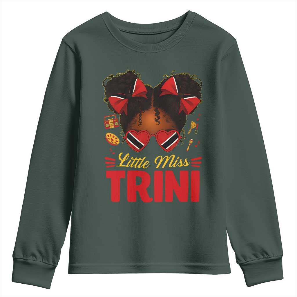 Little Miss Trinidad And Tobago Youth Sweatshirt Afro Black Messy Bun Girl Trini Flag Bow TS10 Dark Forest Green Print Your Wear