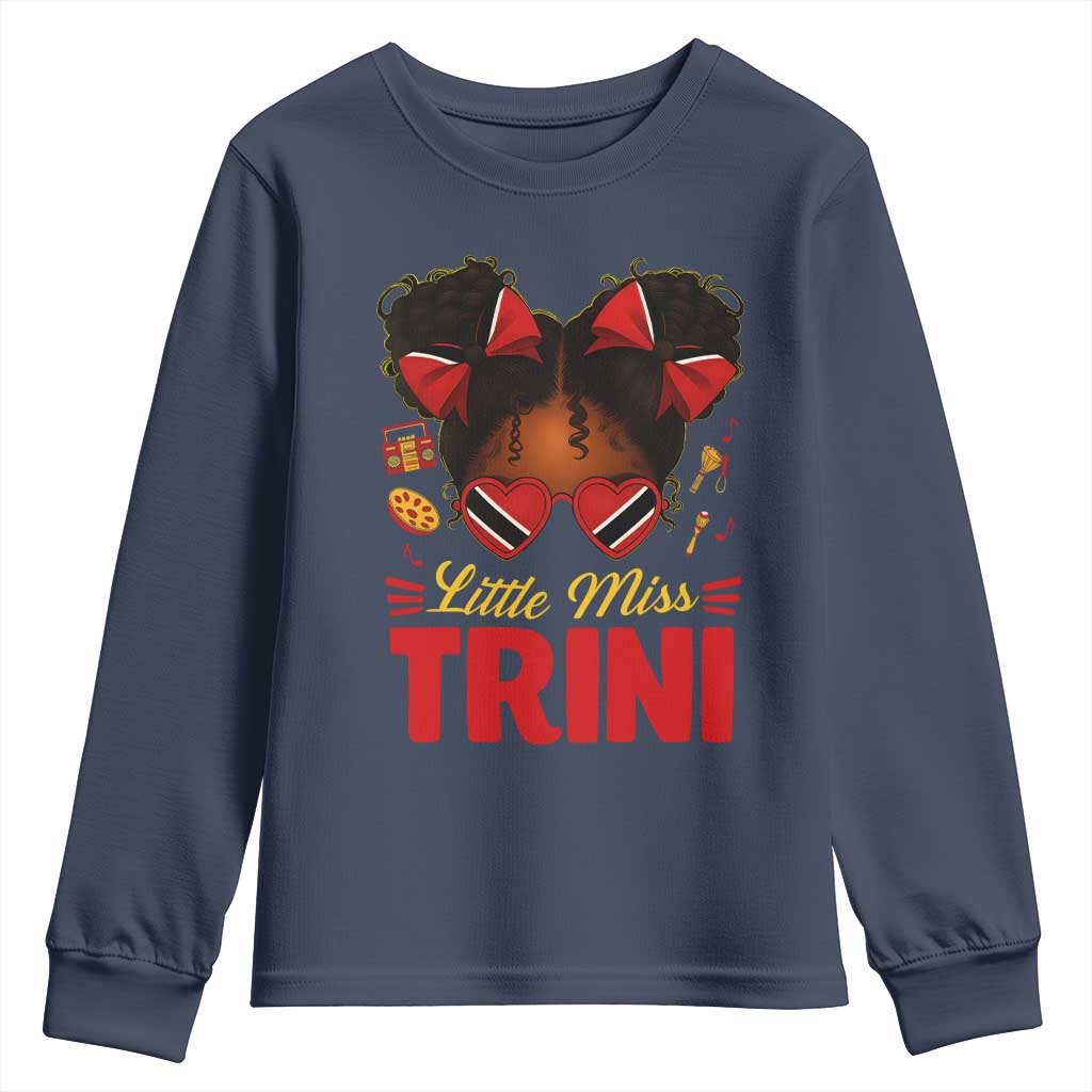 Little Miss Trinidad And Tobago Youth Sweatshirt Afro Black Messy Bun Girl Trini Flag Bow TS10 Navy Print Your Wear