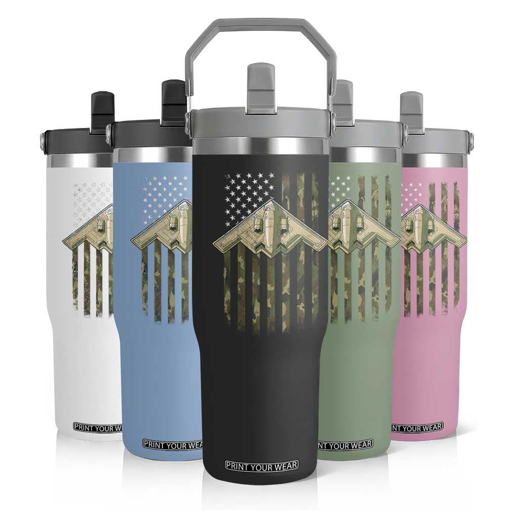 Retro Camo B2 Spirit Flip Straw Tumbler B-2 Bomber Stealth Aircraft Camouflage US Flag Patriotic TS10 Print Your Wear